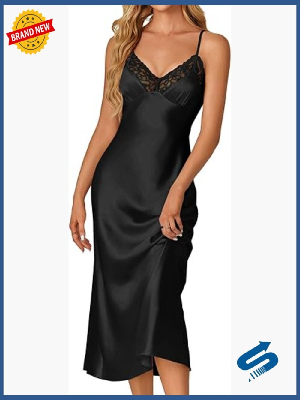 Silk Feel Satin Nightgown V Neck Lace Backless Slip Dress Sleepwear